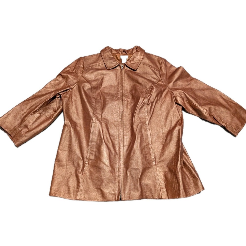 Jessica London‎ Zip Front Genuine Leather Jacket Womens 18W Metallic Brown Gold